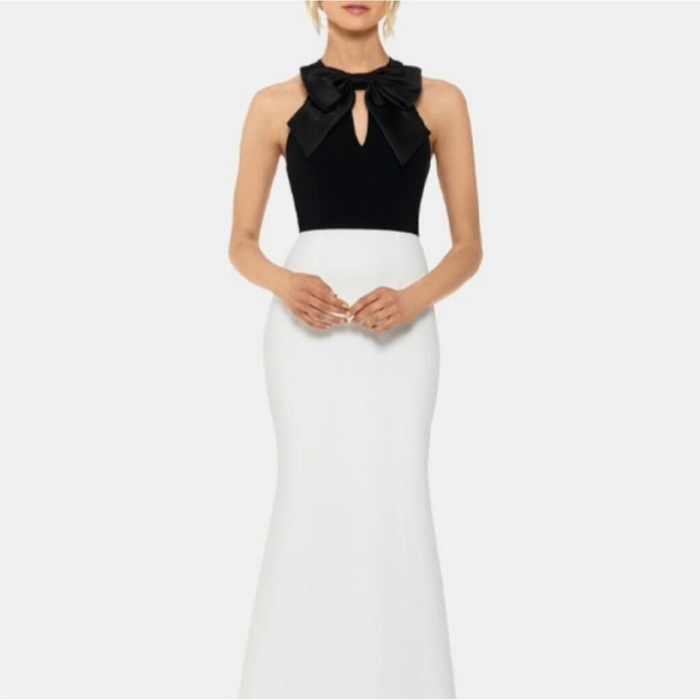 Xscape Black and White Halter Dress Bow Detail